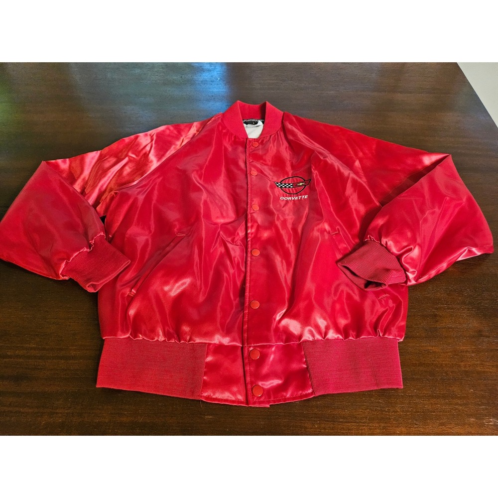 Sportsmaster Satin Bomber Jacket Mens Large Red Corvette C4 Embroidered Vintage